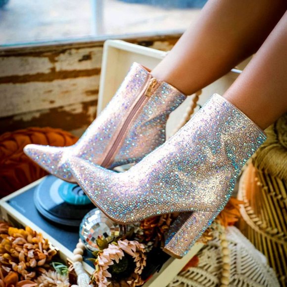 NEW🔥 Bling Champagne AB Rhinestone Crystal Block Chunky Heel Booties Ankle Boot - Picture 1 of 8